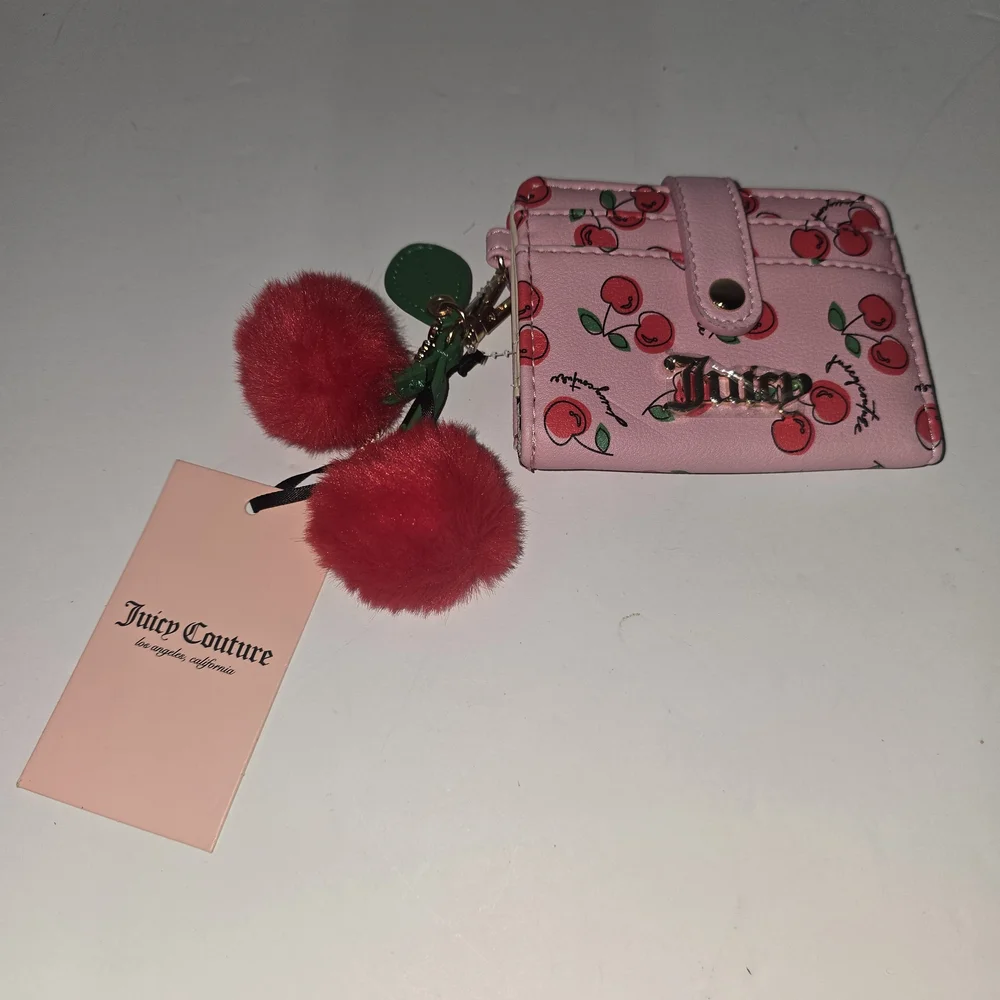 Juicy Couture Pink Cherry Card Holder with Red Pom Pom Charm